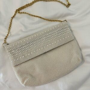 Vintage Elegant White Beaded Clutch with Gold Chain